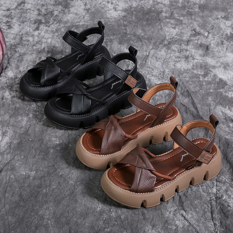 Promotion Thick Sole Wedges Sandals 2026 New Summer Open Toe Real Leather Sandals Comfort Non-slip Women Roman Sandals
