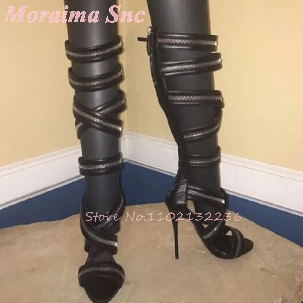 Full Zip Wrap Knee High Gladiator Stiletto Sandals Open Peep Toe Multi Crisscross Front Straps Gothic Punk Statement High Heels