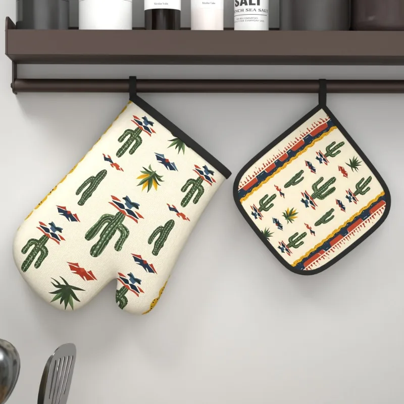 2pcs Cactus Bohemia Oven Mitts and Potholders - Heat Resistant, Polyester, Machine Washable for Cooking, Baking