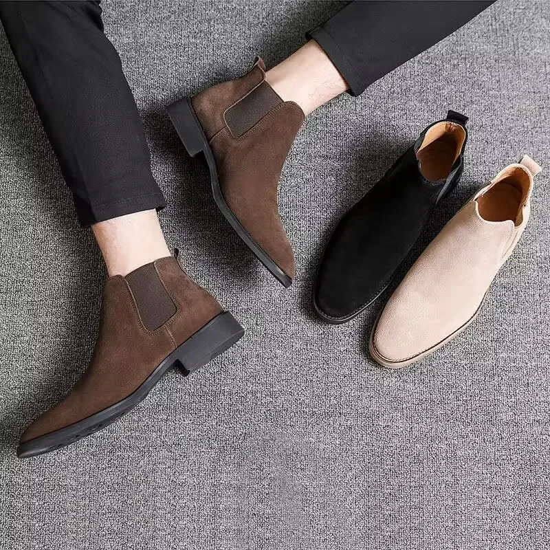 Men's Retro Classical Chelsea Boots Cow Suede Genuine Leather Mens Fashion Ankle Short Boot High-Top Casual Shoes for Men