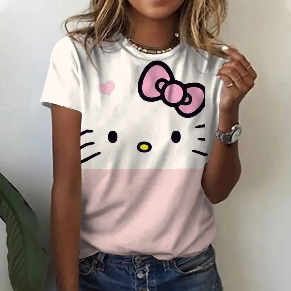 Comfortable Casual Women\'s Clothing Black Top Girl Women\'s T-shirt Casual Kawaii Hello Kitty Cartoon Pattern Print Tshirt