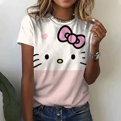 Comfortable Casual Women's Clothing Black Top Girl Women's T-shirt Casual Kawaii Hello Kitty Cartoon Pattern Print Tshirt