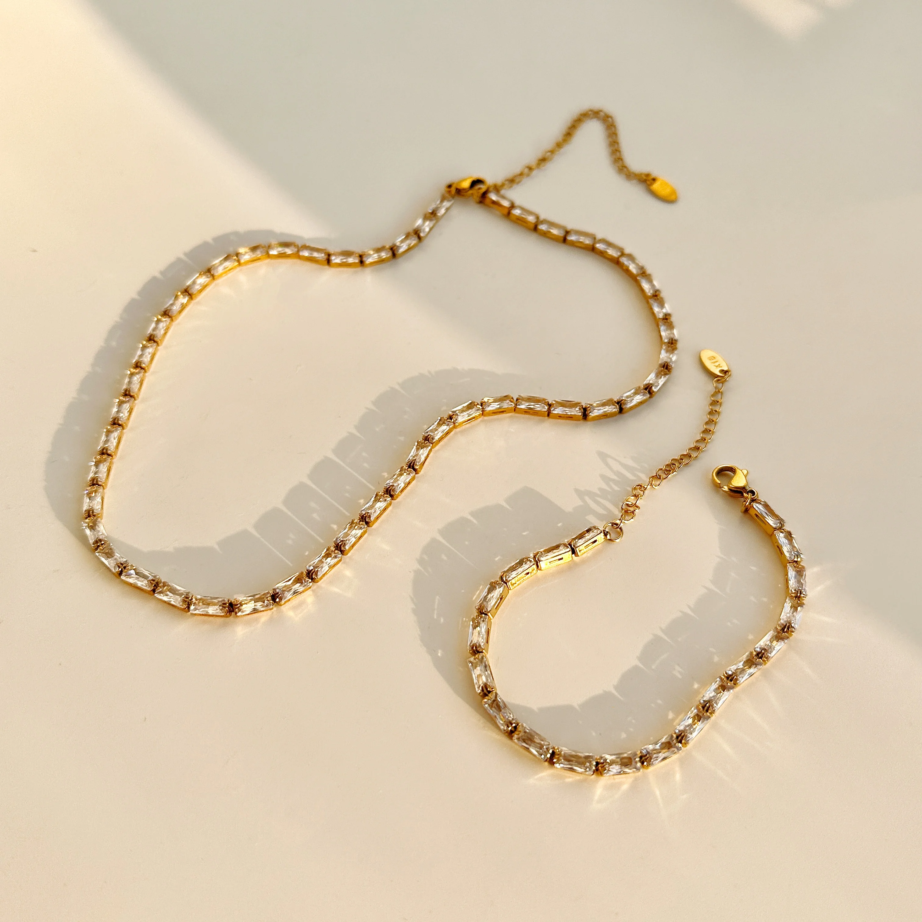

DASEIN Rectangle Zircon Tennis Chain Necklace Bracelet 18k Gold Plated Tarnish Free Stainless Steel Luxury Jewelry Set for Women