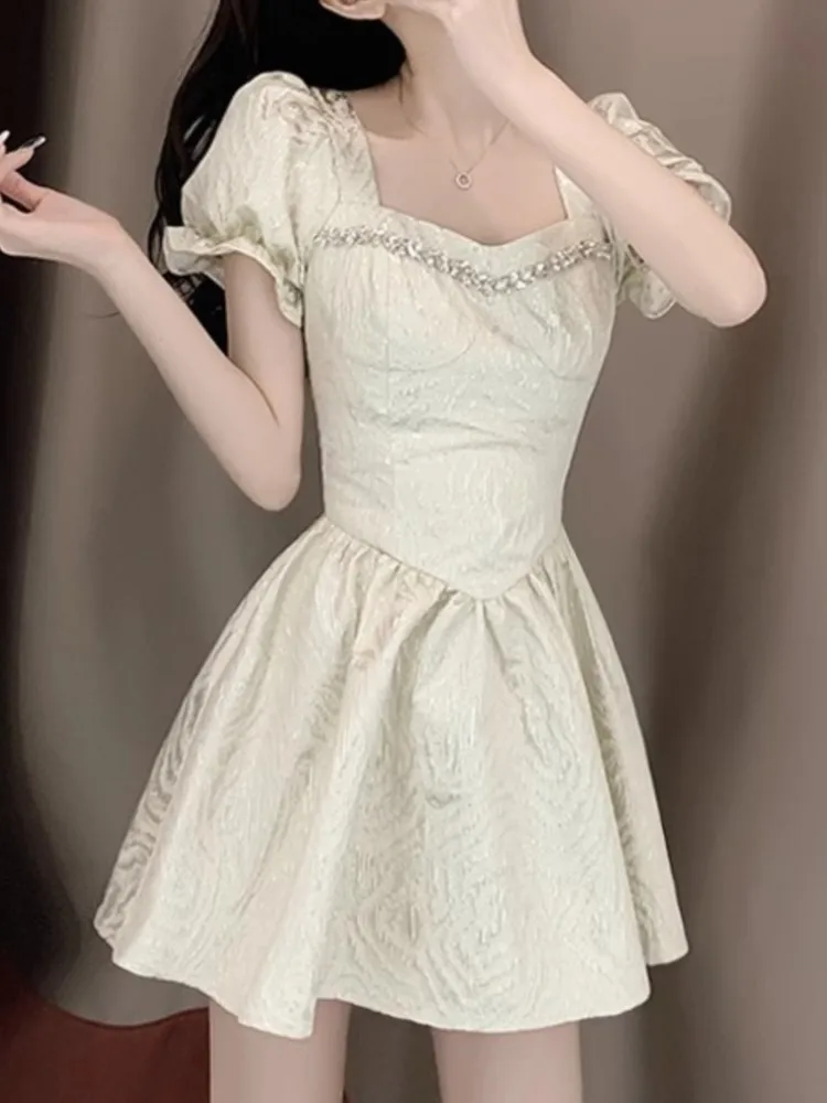 

Summer Women Fashion Elegant Solid Chic Mini Dress Vintage A-Line Birthday Party Clothes Female Vestidos Robe New Mujers