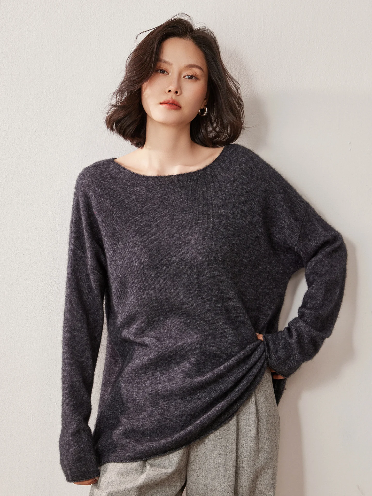 

Универсальный пуловер из 100% чистого кашемира, свитер с разрезом на шее, однотонный свободный ленивый стиль, свободный вязаный топ с длинными рукавами для отдыха, осень-зима