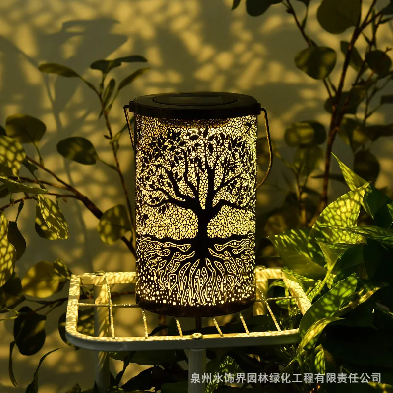 Creative New Wrought Iron Tree Lamp Outdoor Courtyard Solar Viewing Lamp Decorative Atmosphere Hollow Hanging Lamp Chandelier