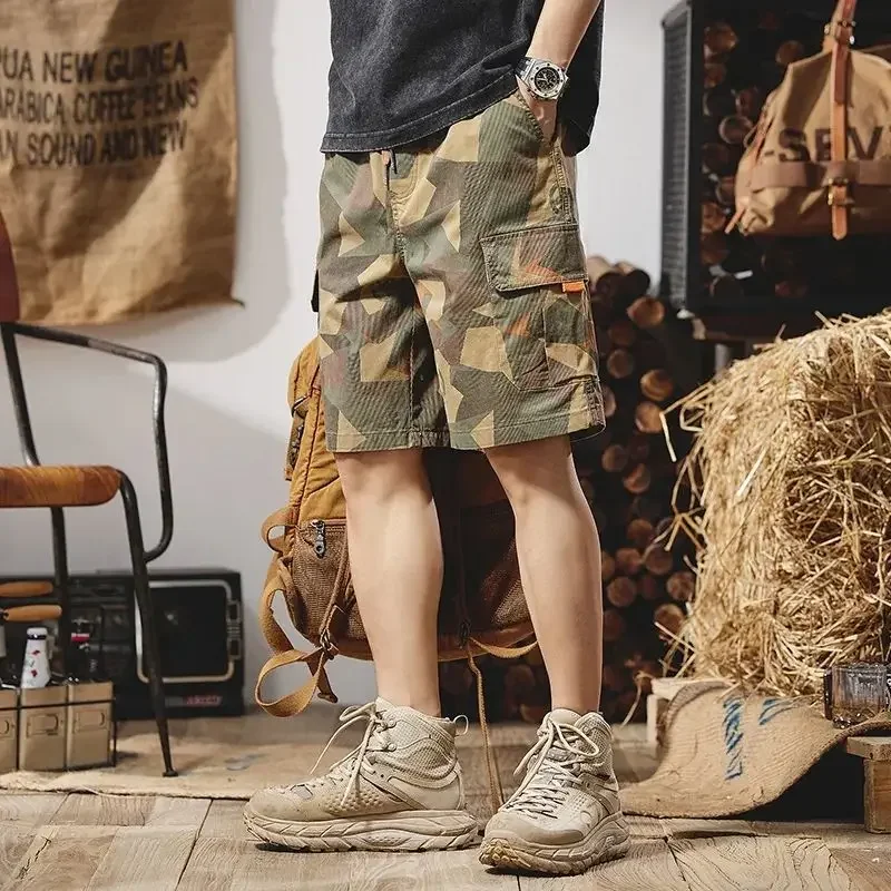 Male Short Pants Camo Elastic Waist Camouflage Men\'s Cargo Shorts with Draw String Designer Luxury Harajuku Loose Homme Strech