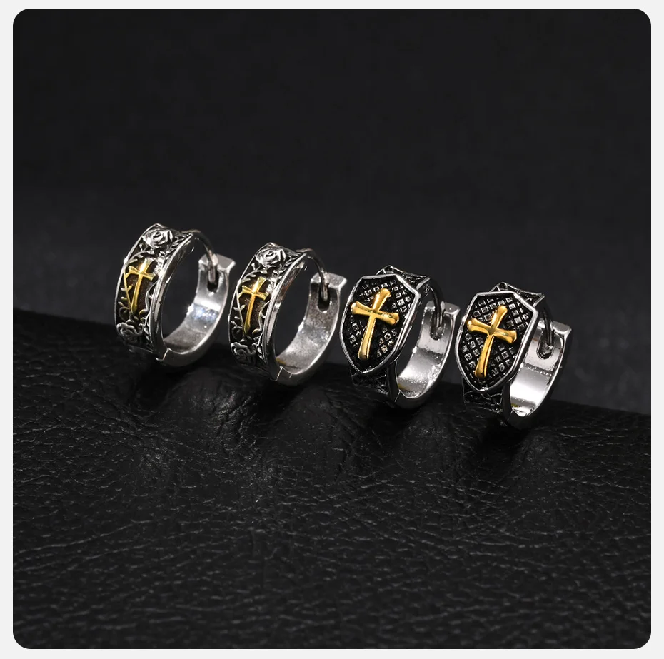 Vnox Kupfer-Schutz Rosenkreuz Huggie Hoop Ohrringe für Männer, Punk Hip Hop Gothic Zweifarbiger Ohrschmuck Religiöser Schmuck Geschenk – Detail 5