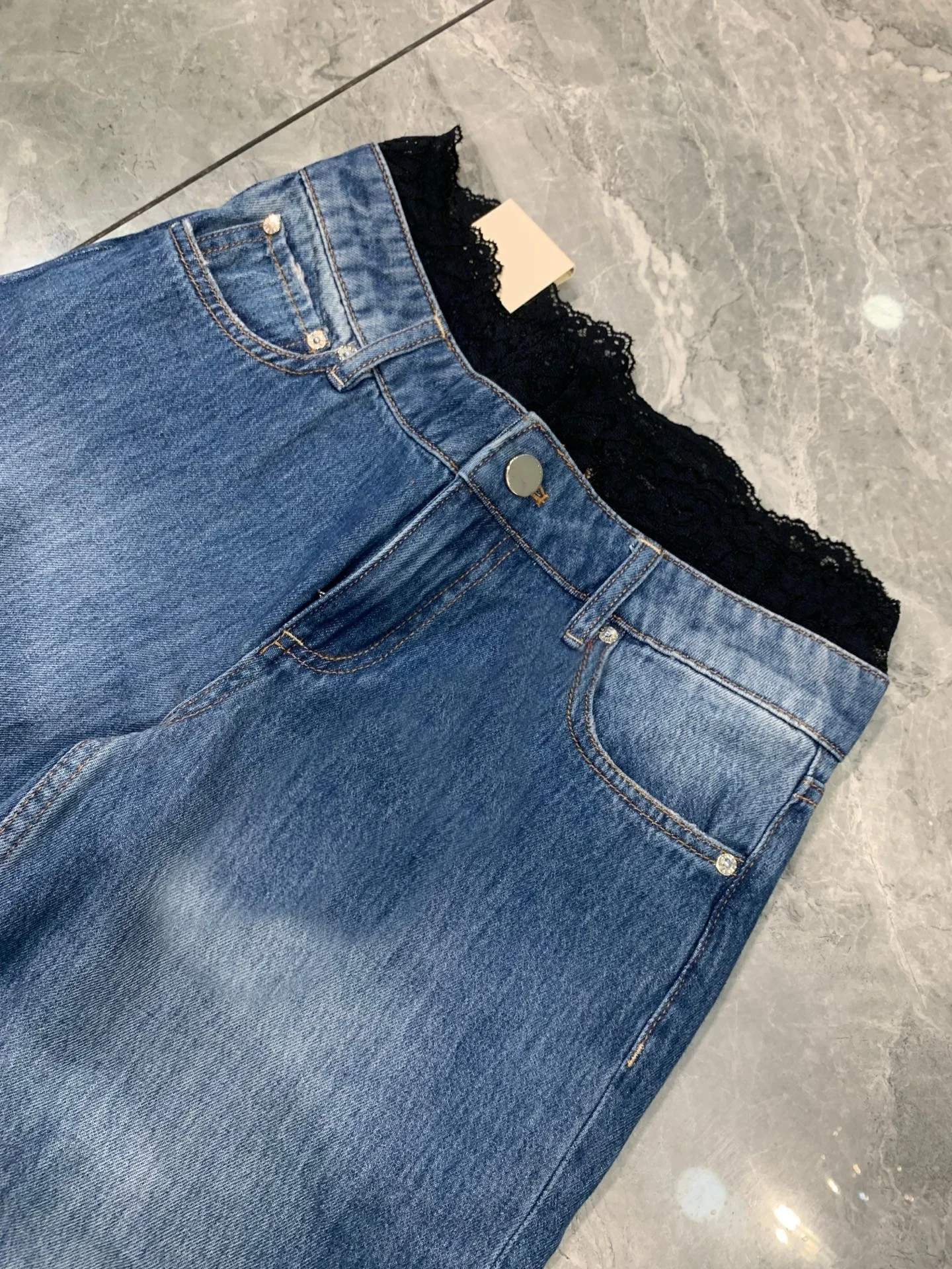 Women's Loose Blue Wide Leg Pants Lace Spliced Denim Trousers High Waist Casual Cotton Jeans