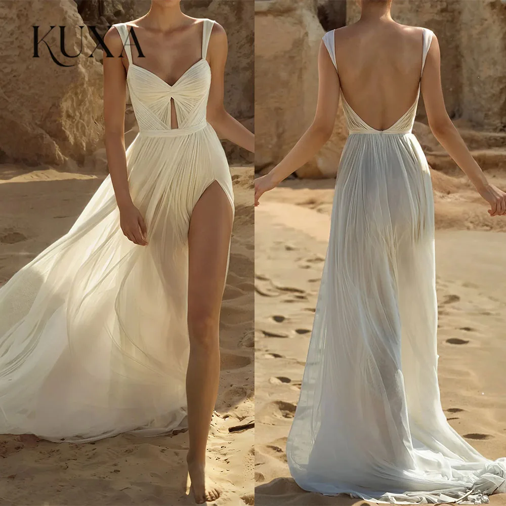 KUXA Customized Beige Bow Collar Cut-out Wedding Dress Side High Split Backless vestidos de novia A-line Sleeveless Formal