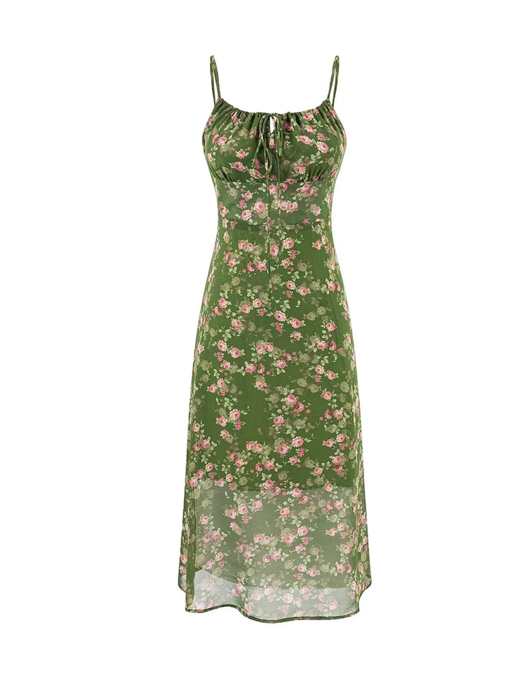 夏の花柄グリーンシフォンドレス女性スパゲッティストラップミディドレス