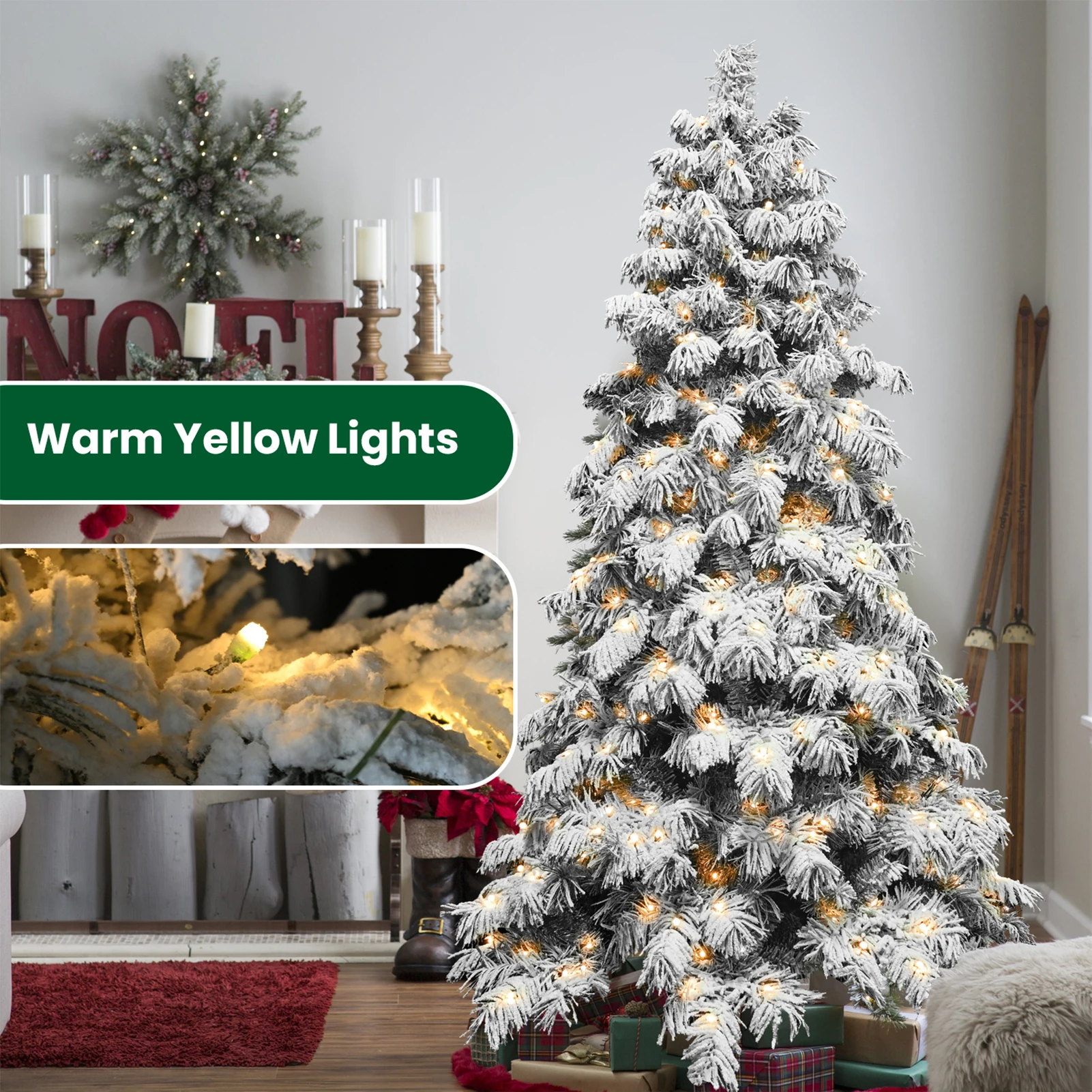 5/6/7FT Artificial Flocking Christmas Tree with 200LEDs Warm White Ball Lights 375 Branch Tips PVC Holiday Decoration Xmas Tree