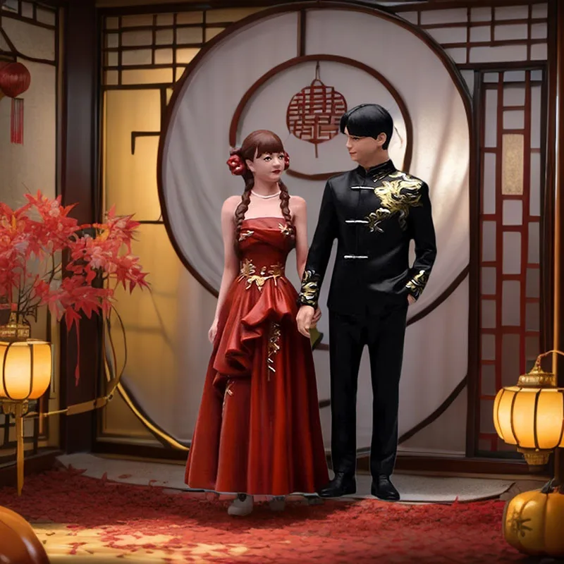 Face Painted 1/18 1/24 Miniature Couple Dolls Modern Chinese Wedding Figure Model for Photography Desktop Ornament