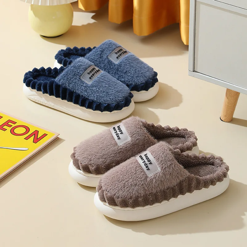 Home Slippers Men Big Size Plush Winter Warm Soft Slippers Male Stripe Indoor Slippers Fashion Trend House Shoe Solid EVA Chunky