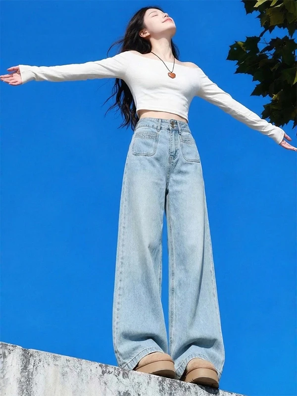 Light Blue Double Buckle Wide Leg Jeans Women's Loose Straight High Waist Draping Slimming Floor-Length Pants Casual Style