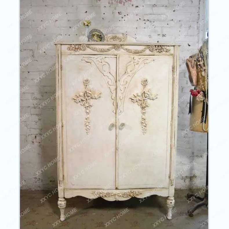 Wardrobe  old solid wood carving flower wardrobe children's cabinet double door wardrobe multi-functional locker