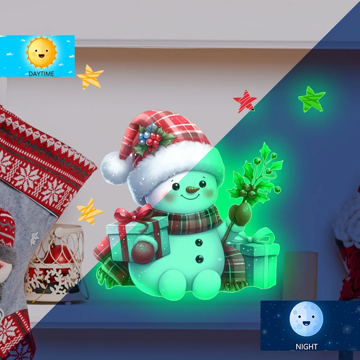 1 قطعة عيد الميلاد يتوهج في الظلام الإبداعية ثلج ذاتية اللصق مقاوم للماء مثالية لشارات الحائط في غرف النوم وغرف المعيشة #3