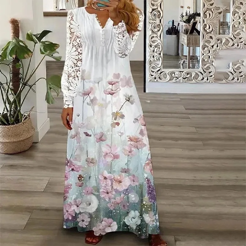 Wiosna/Lato Moda Damska Koronkowe Sukienki z Długim Rękawem Elegancka Kobieta Biały Dekolt V Slim Fit Impreza Długa Maxi Vestidos 3XL