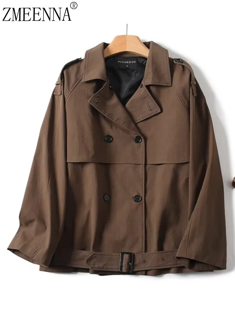 

ZMEENNA Women's Brown Short Trench Coat Double Breasted Notched Lapel Buckled Belted Waist Cuffs Fashion Outerwear ZM4197