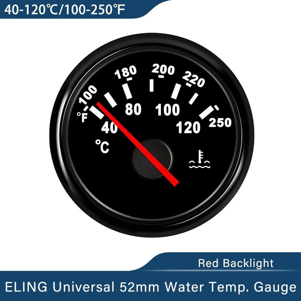 

ELING Boat Motorcycle Yacht Universal 52mm Waterproof Water Temp Gauge Temperature Meter 40-120℃ with Red Backlight 12V 24V