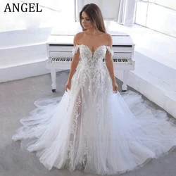 ANGEL Classic Deep V-Neck Wedding Dresses 2025 Customized Off The Shoulder Lace Appliques Brides Gown Tulle Sweep Train A-Line