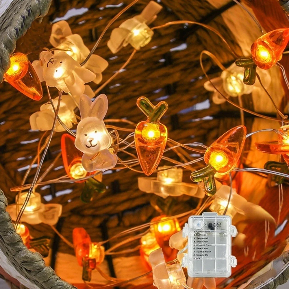 2M 20 Rabbits Carrots Light Decoration Batteries Copper Wire Waterproof LED String Lights Home Outdoor Easter Party Decorations