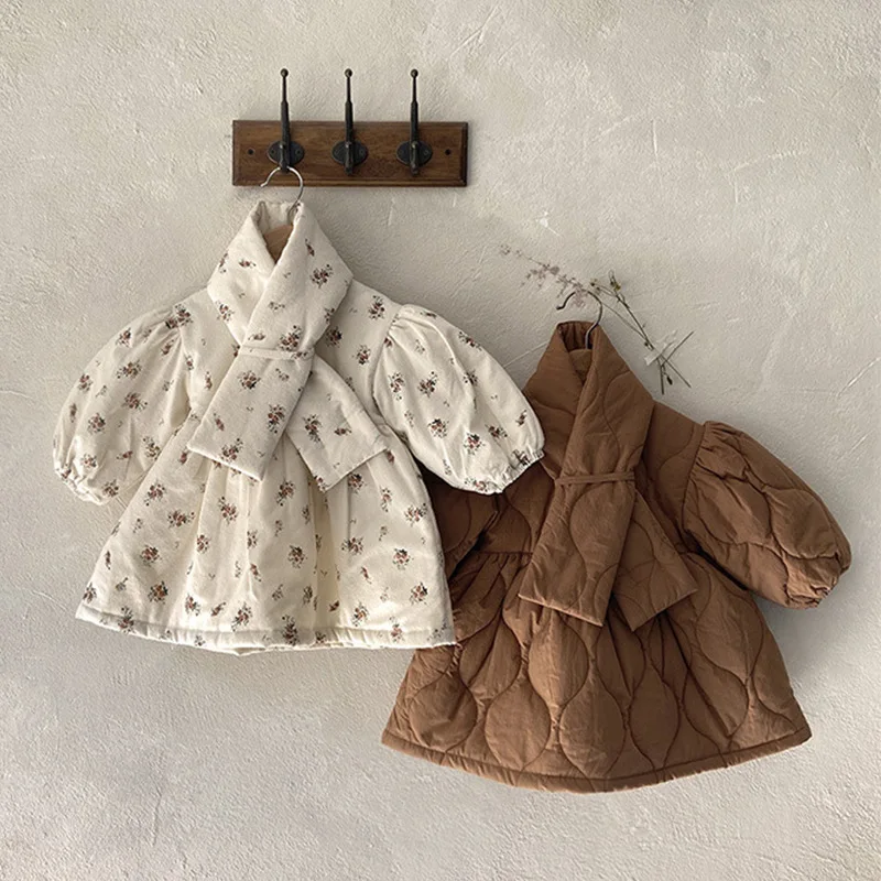 

Thickened Cotton Girls Dresses with Scarf Girls' Thickened Cotton Jacket Dress Baby Girl Winter Cotton Long Skirt Winter Dress
