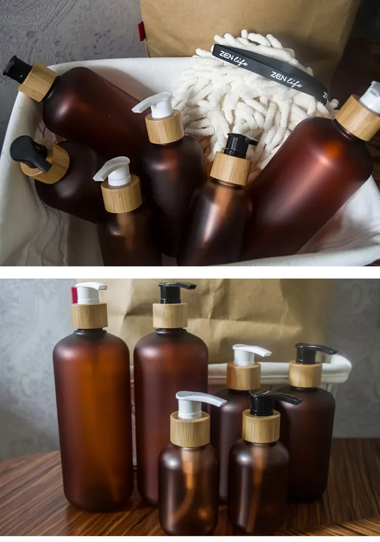 

sale cosmetic bamboo shampoo bottle frosted amber PET plastic bottle with bamboo pump cap lotion packaging plastic container