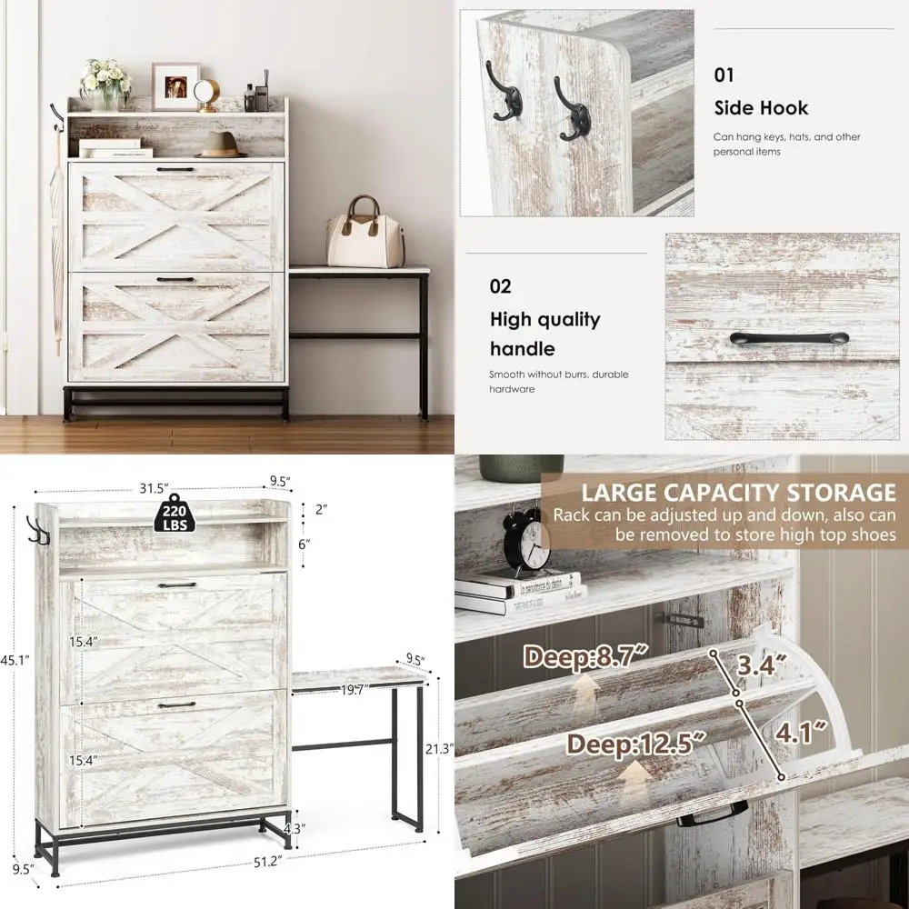 Vibe & Dine Shoe Cabinet with 2 Flip Drawers and Shoe Bench, Farmhouse Shoe Storage Cabinet for Entryway, Freestanding Slim Shoe