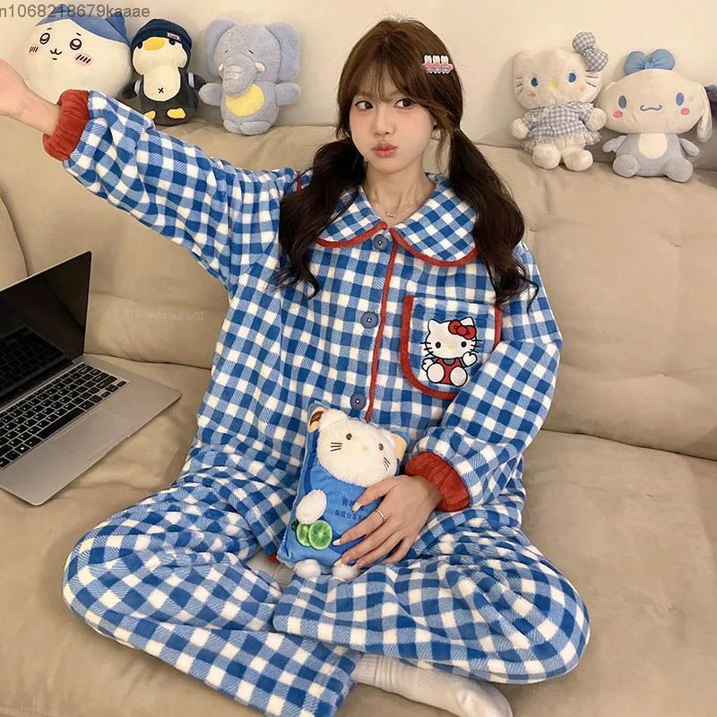 Sanrio Hello Kitty Autumn Winter Flannel Thick Warm Pajamas For Women Set Blue Checkered Fashion Sleepwear Casual Home Clothes