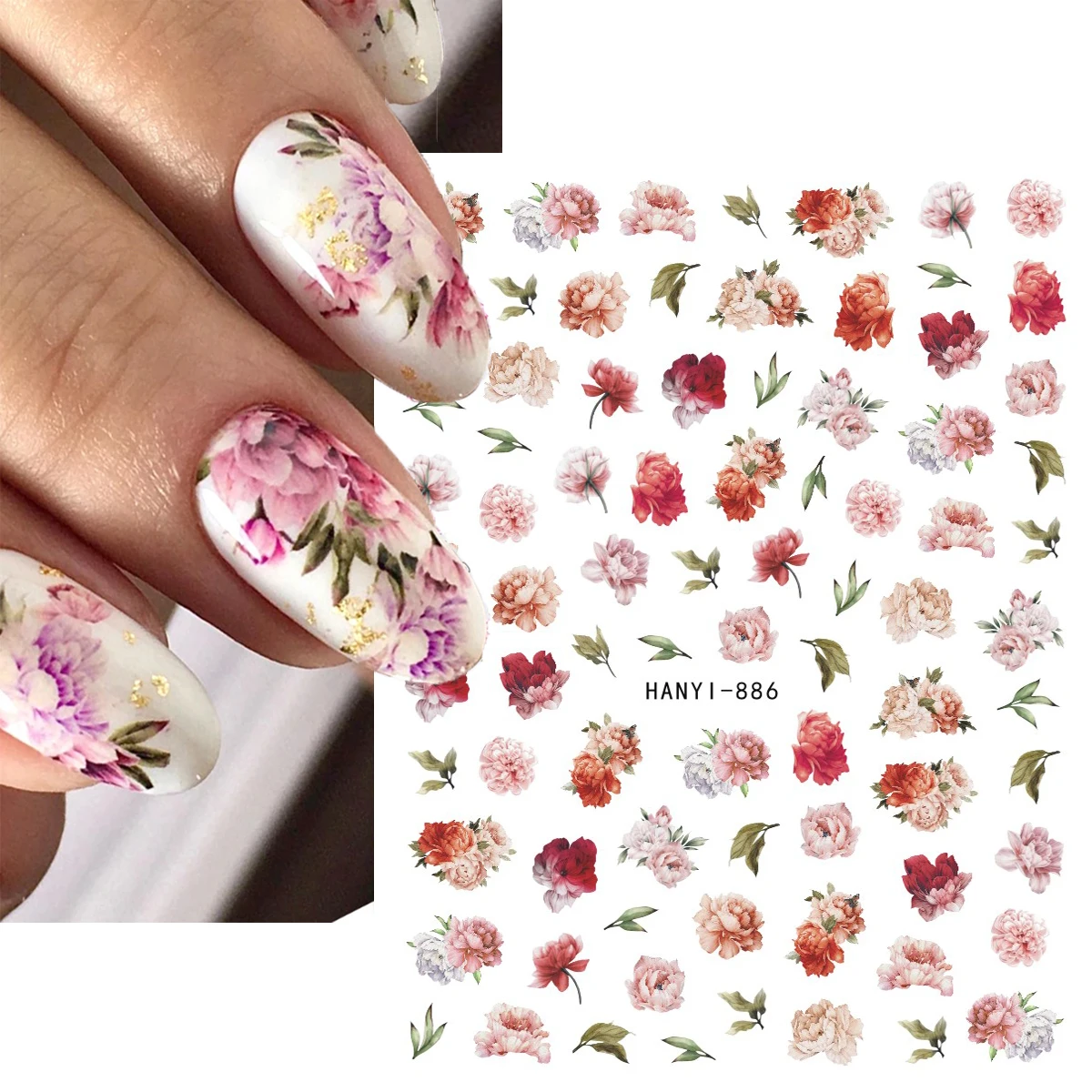 2-Sheets Blossom Pink Red Peony Flowers 3d Nail Art Stickers Nail Decals Nail Manicures Tips Beauty