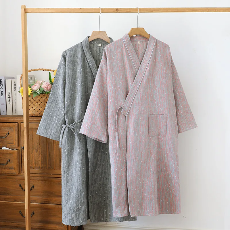 

2025 New Spring and Autumn Couple Kimono Sleeping Robe 100% Cotton Gauze Men's and Women's Color Weaved Robe Kimono Bathrobe