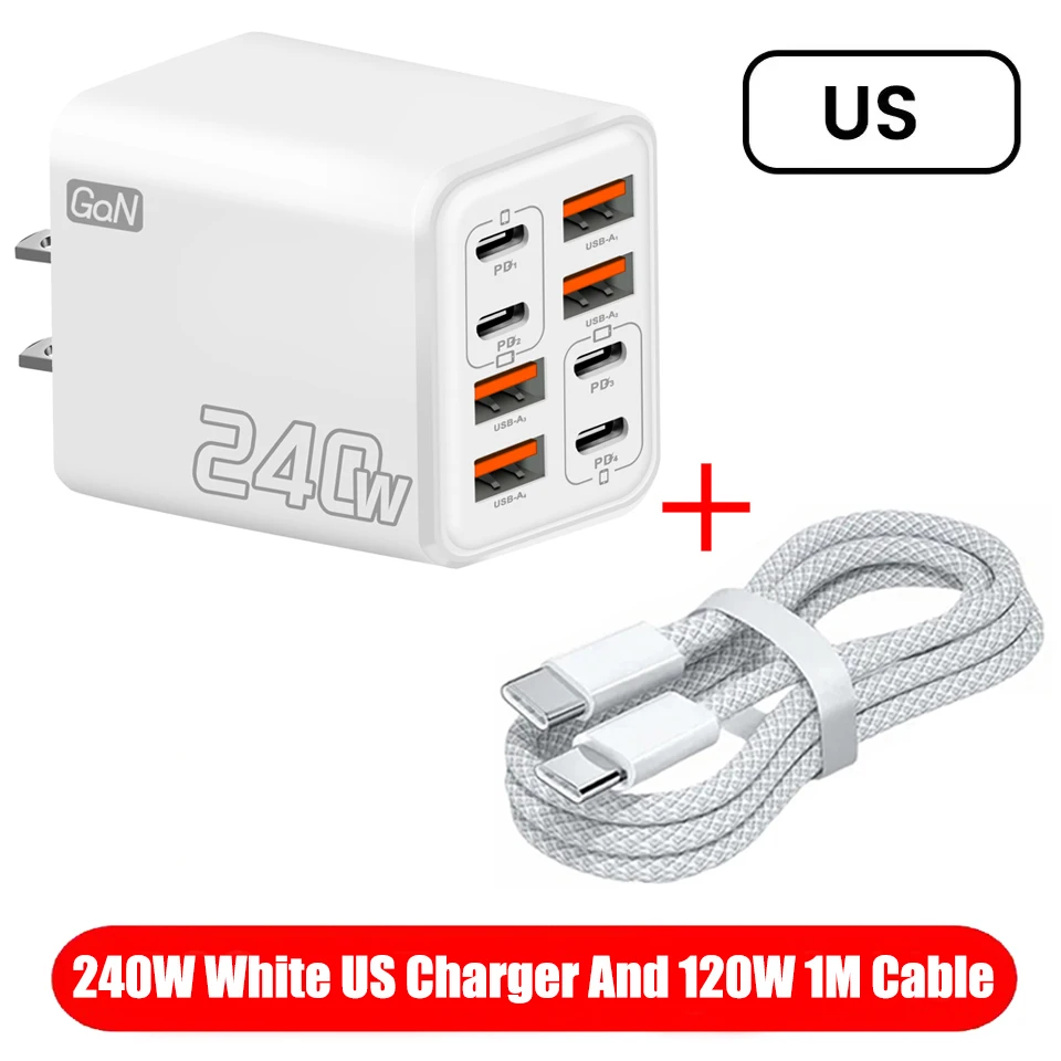 8-in-1 GaN USB-C bureaulader 240W snelladen telefoonadapter type-C kabel voor iPhone Samsung Xiaomi EU/VS/VK stekkerlader