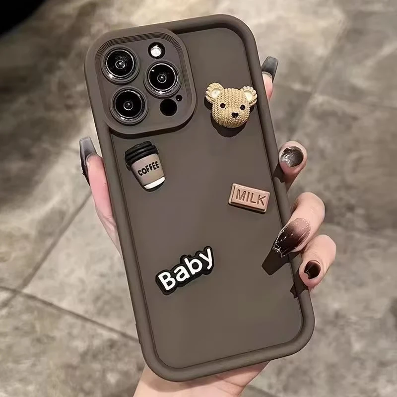 Cute 3D Bear Coffee Cartoon Silicone Phone Case For Xiaomi Poco X6 X5 F5 F6 M6 Pro 4G Mi 14 13 12 11 Lite 5G 13T 12T Pro Cover