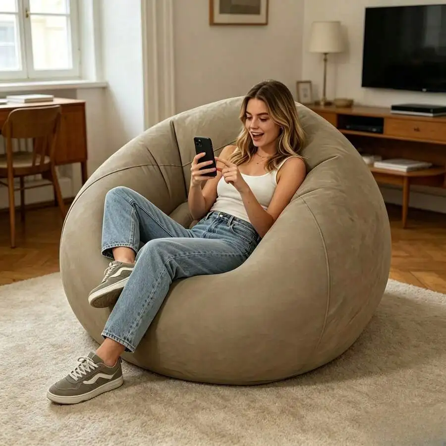 Grey Round Inflatable Single Sofa Chair Comfort Bean Bag Lounger For Indoor Camping Picnic