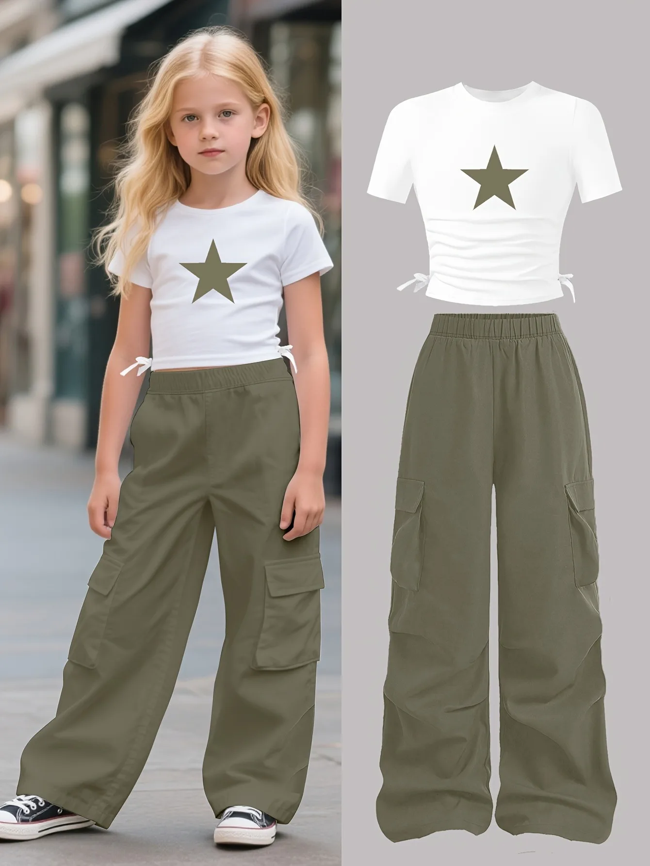 Trendy Tween Girls 2Pcs Star Print Ruched Crop Top & Olive Cargo Pants Set Kids Summer Streetwear Casual Co-Ord