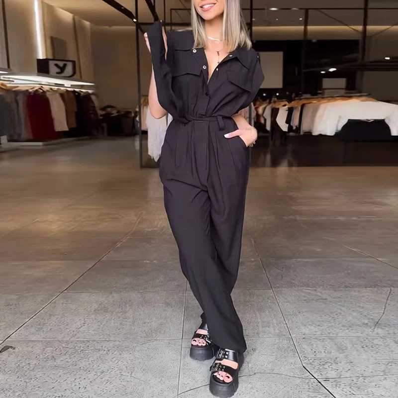 จั๊มพ์สูทคาร์โก้ผูกเชือกเรียบหรู แฟชั่นเอวสูงทรงหลวม สีพื้น แขนสั้น มีกระเป๋า สไตล์ลำลองสำหรับผู้หญิง รุ่นใหม่