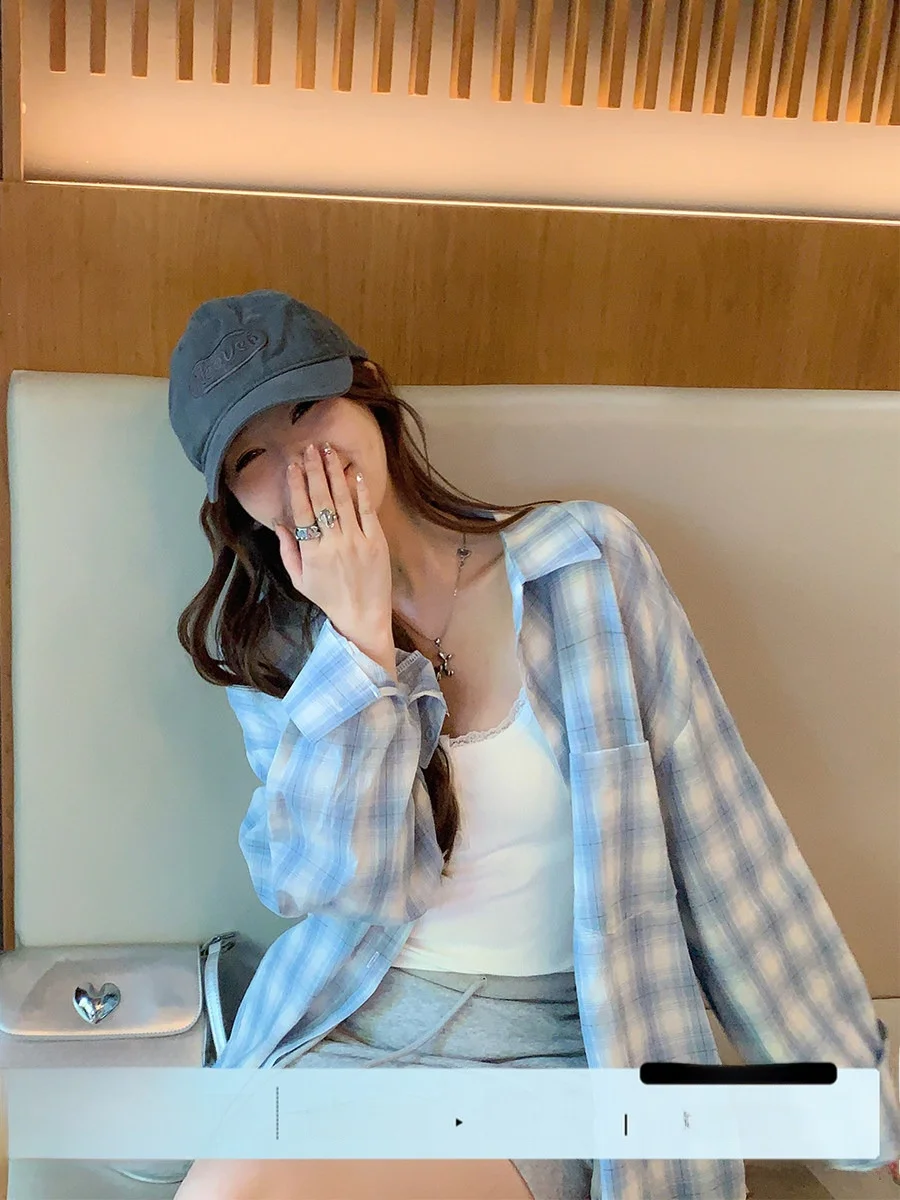 

Синяя клетчатая рубашка-пальто женская, в расслабленном стиле, маленького размера, верхняя одежда, новинка, дизайн Sensation Su San San, для повседневной носки, прямого кроя, удлиненная.