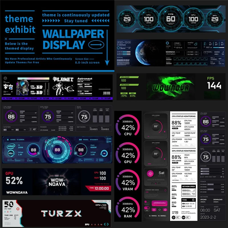 A42Z-8.8Inch Computer Temp Monitor (Dynamic Theme Supported), IPS Type C Secondary Screen CPU RAM HDD Data FPS Monitor