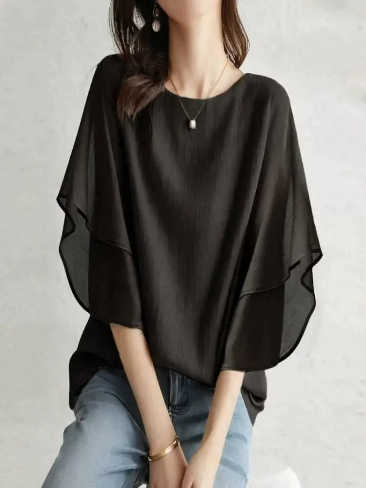 Round Neck Loose Versatile Chiffon Blouse Ruffle Batwing Short Sleeve Casual Top for Women