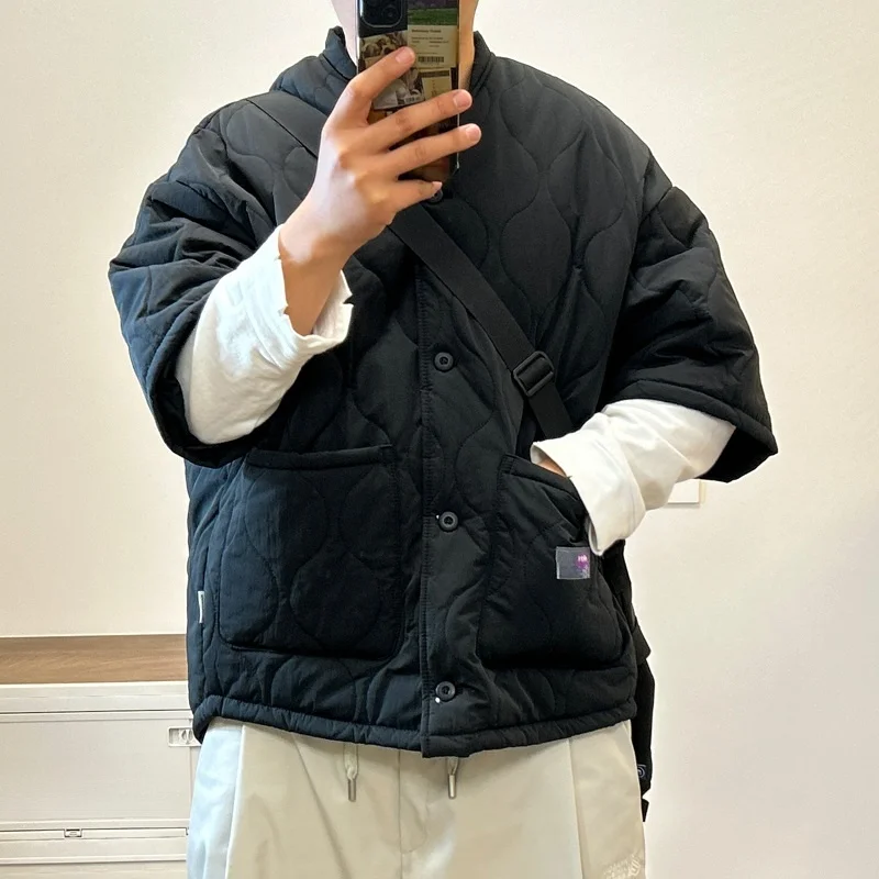 Retro Japanese Style Cotton Jacket Inner  Short Sleeve Unisex Winter Coat Warmth Cleanfit Casual Pure Color Button up