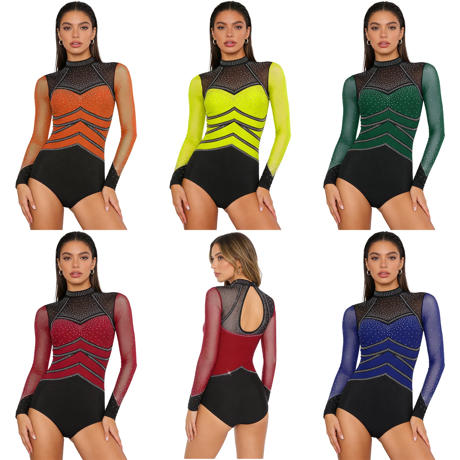 

Womens Gymnastics Bodysuit Mesh Long Sleeve Back Cutout Buttoned Crotch Color Blocking Rompers Jumpsuit for Skating Dancing