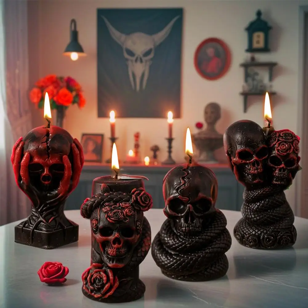 Candela profumata in cera con pilastro di teschio di Halloween, ornamento per candela gotica scura