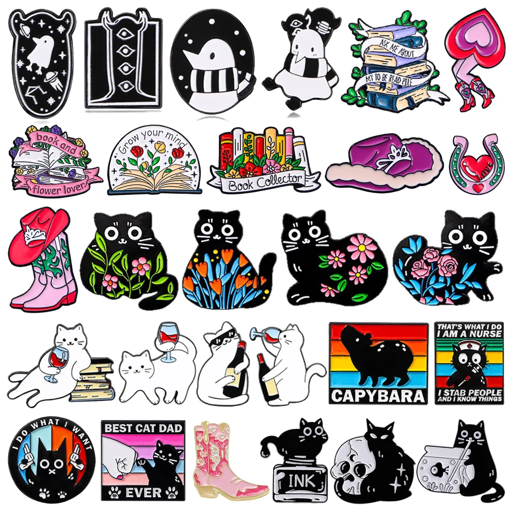 

Cartoon Skull Black Cat Enamel Pins Creative Cowboy Boots Hooves Plant Flowers Book Lapel Badges Backpack Jewelry Gifts For Kids