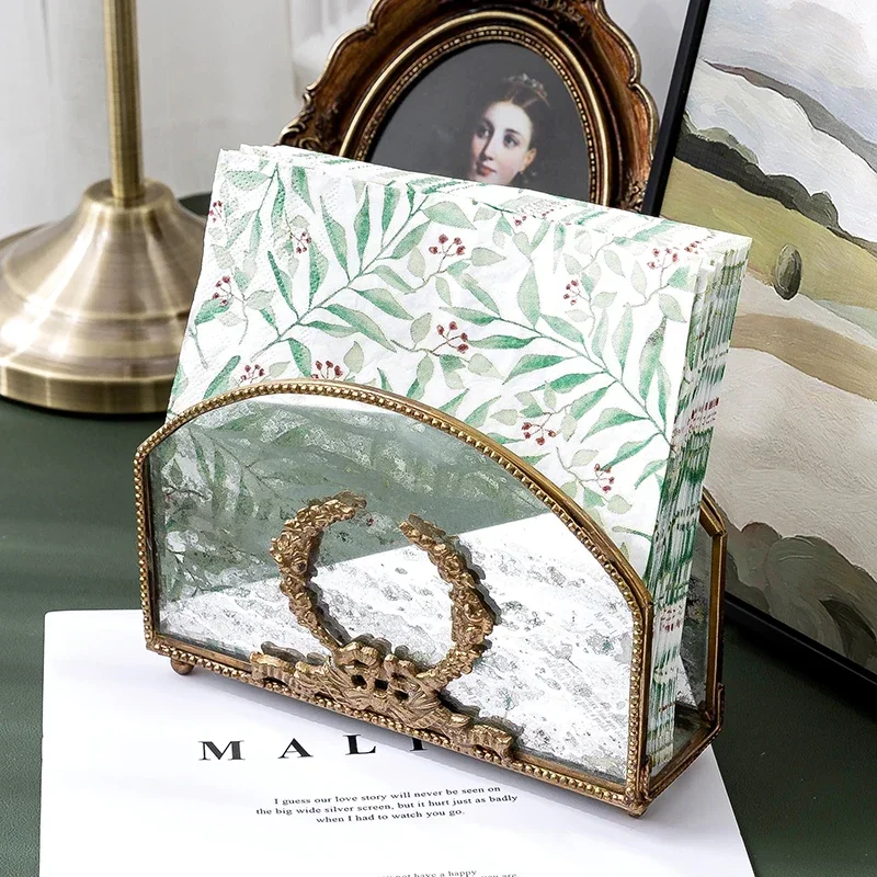 European Vintage Tissue Rack Retro Brass & Glass Napkin Organizer Anti-Oxidation Decorative Multi-Scene Paper Holder