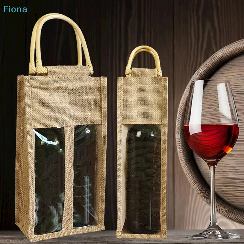 ✔Jute Wine Bottle Gift Bag with Handle,Hemp Wine Tote with Clear Window for Wedding,Party & Holiday (Single/Double Bottle)