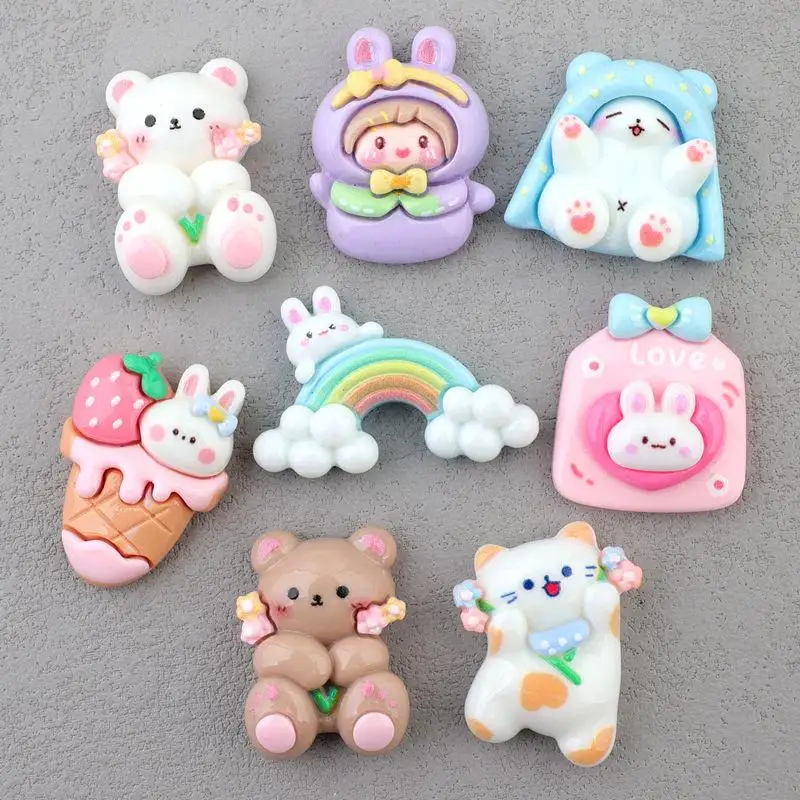 8Pcs Mini Cute Cartoon Resin Cabochons Cat Rabbit Bear Series Flat Back for DIY Jewelry Hairpin Phone Case Decor Craft