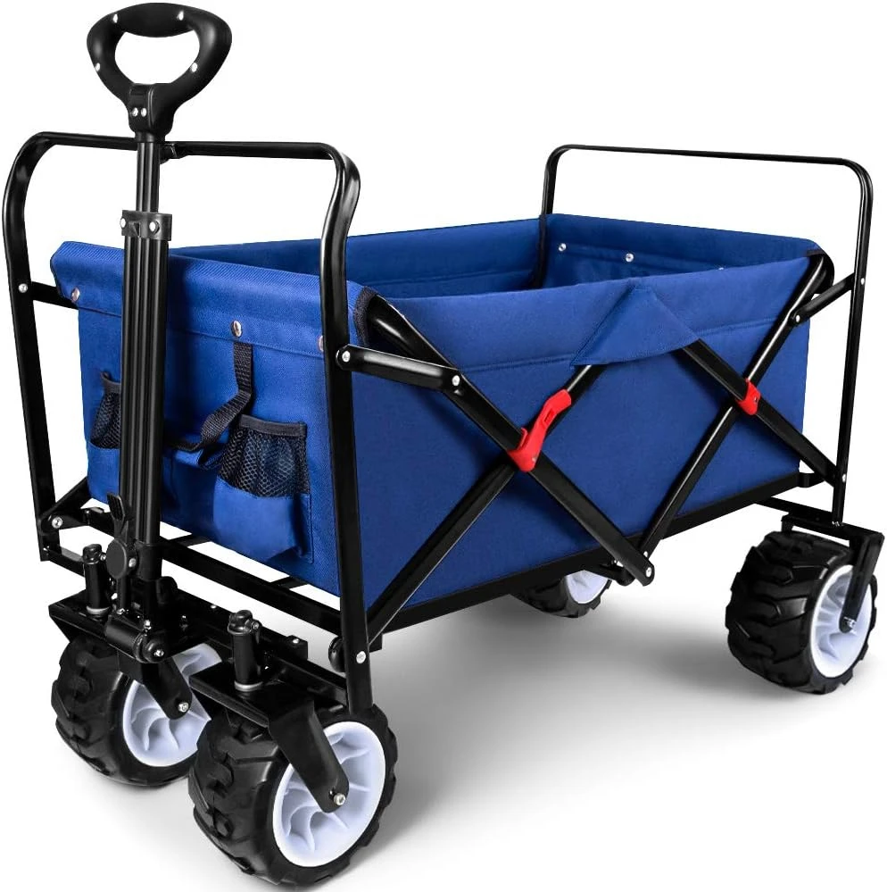 A foldable garden cart with a capacity of 350 pounds, a foldable beach and garden handcart with large wheels, blue