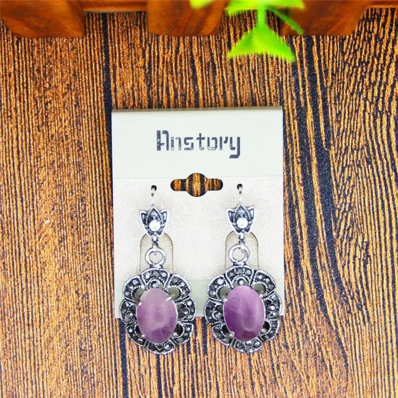 Natural Amethysts Necklace Earrings Jewelry Set Rhinestone Retro Craft Plumflower Antique Silver Plated Jewelry For Women TS427