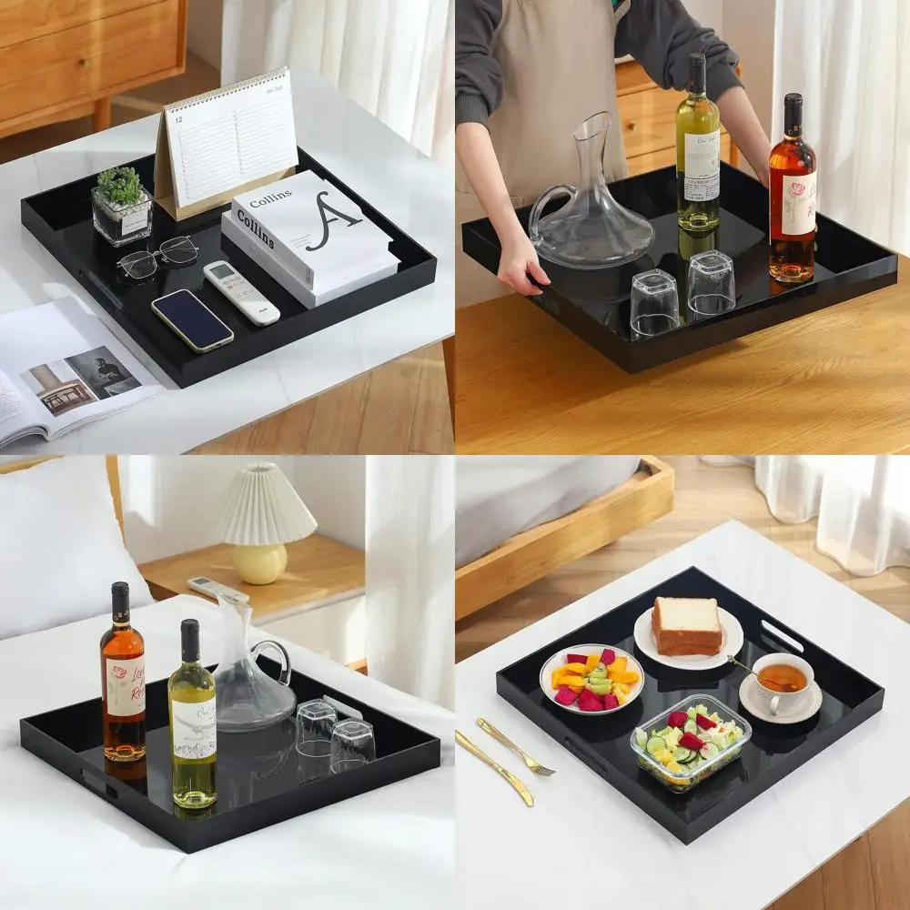 

Большой черный акриловый поднос с ручками, 19x19 дюймов, устойчивый к проливанию, стильный органайзер для домашней мебели